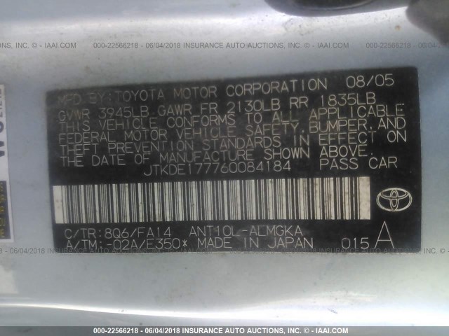 JTKDE177760084184 - 2006 TOYOTA SCION TC 浅蓝色 照片 9