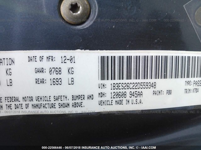 1B3ES26C22D559348 - 2002 DODGE NEON BLUE photo 9