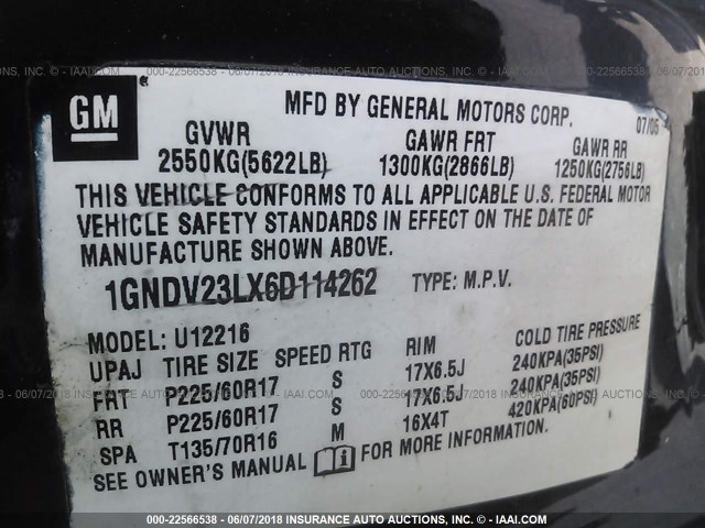 1GNDV23LX6D114262 - 2006 CHEVROLET UPLANDER LS 蓝色 照片 9