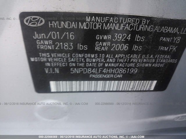 5NPD84LF4HH086199 - 2017 HYUNDAI ELANTRA SE/VALUE/LIMITED SILVER photo 9