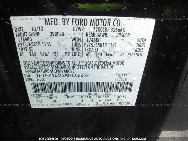 1FTFX1EV5AKE69252 - 2010 FORD F150 SUPER CAB BLACK photo 9