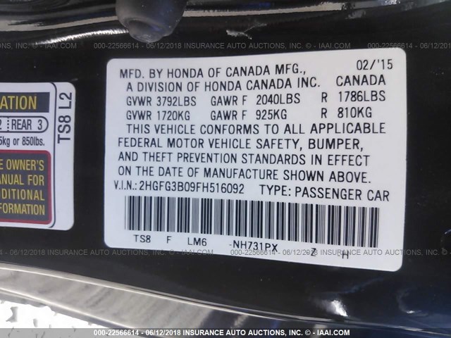 2HGFG3B09FH516092 - 2015 HONDA CIVIC EXL BLACK photo 9