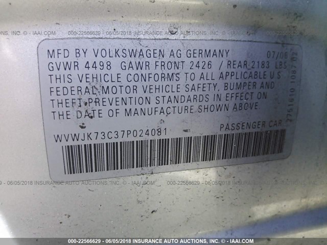 WVWJK73C37P024081 - 2007 VOLKSWAGEN PASSAT SILVER photo 9