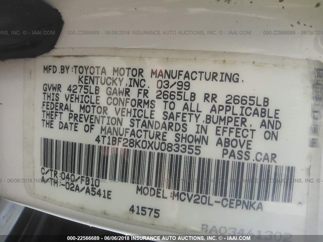 4T1BF28K0XU083355 - 1999 TOYOTA CAMRY LE/XLE WHITE photo 9