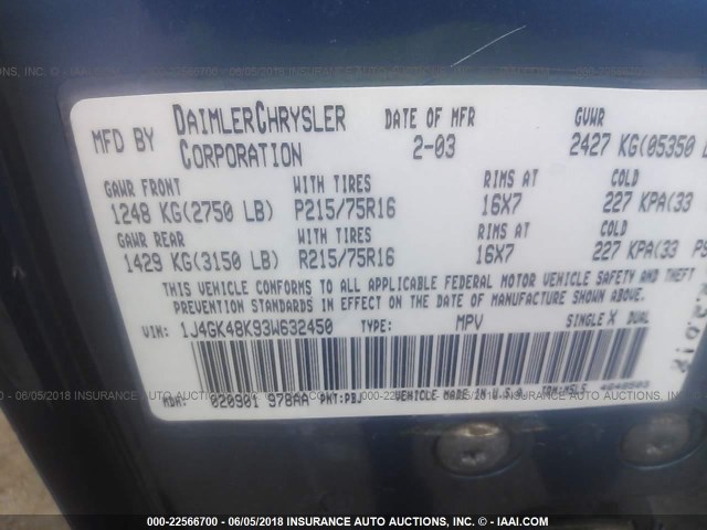 1J4GK48K93W632450 - 2003 JEEP LIBERTY SPORT/FREEDOM ლურჯი ფოტო 9