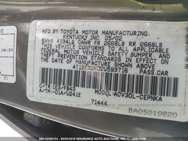 4T1BE32K02U593716 - 2002 TOYOTA CAMRY LE/XLE/SE ოქროსფერი ფოტო 9