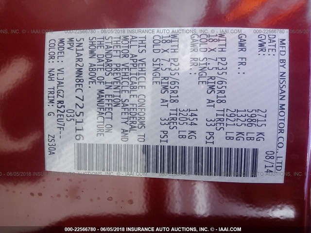 5N1AR2MN8EC725116 - 2014 NISSAN PATHFINDER S/SV/SL/PLATINUM 红色 照片 9