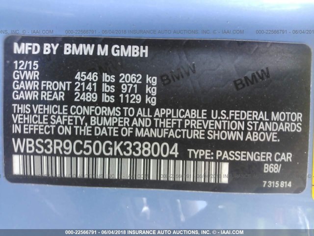 WBS3R9C50GK338004 - 2016 BMW M4 BLUE photo 9