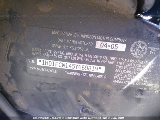 1HD1FCW145Y669819 - 2005 HARLEY-DAVIDSON FLHTCUI Көк фото 10