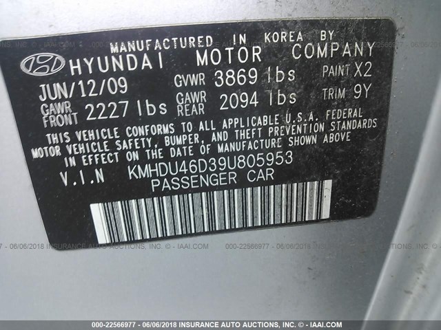 KMHDU46D39U805953 - 2009 HYUNDAI ELANTRA GLS/SE SILVER photo 9