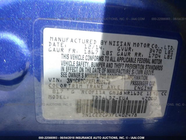 3N1CE2CPXFL402478 - 2015 NISSAN VERSA NOTE S/S PLUS/SV/SL/SR BLUE photo 9