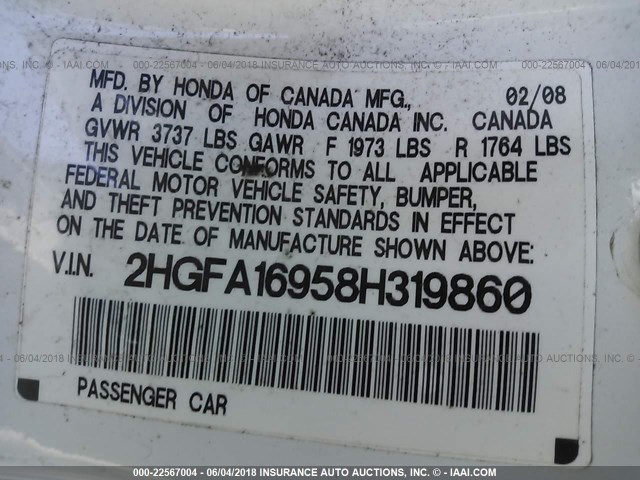 2HGFA16958H319860 - 2008 HONDA CIVIC EXL თეთრი ფოტო 9