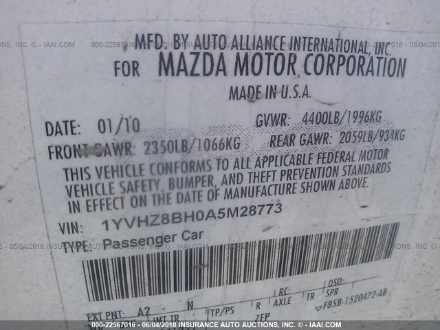 1YVHZ8BH0A5M28773 - 2010 MAZDA 6 I WHITE photo 9