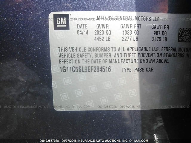 1G11C5SL9EF284516 - 2014 CHEVROLET MALIBU 1LT 蓝色 照片 9