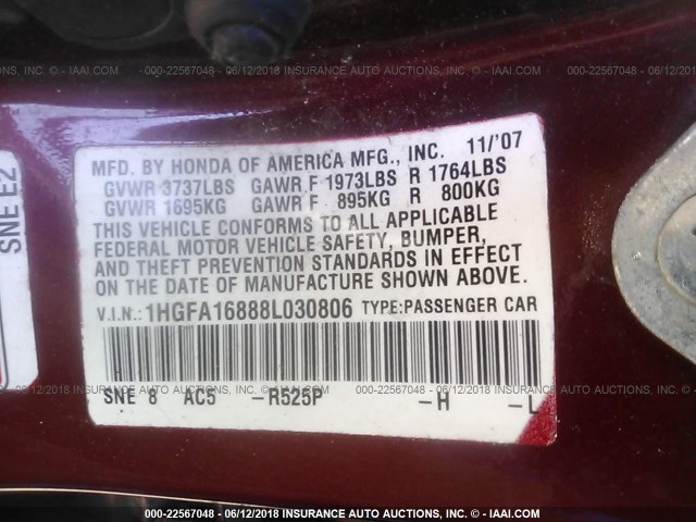 1HGFA16888L030806 - 2008 HONDA CIVIC EX RED photo 9