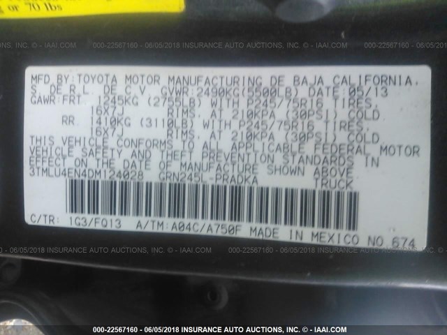 3TMLU4EN4DM124028 - 2013 TOYOTA TACOMA DOUBLE CAB ნაცრისფერი ფოტო 9