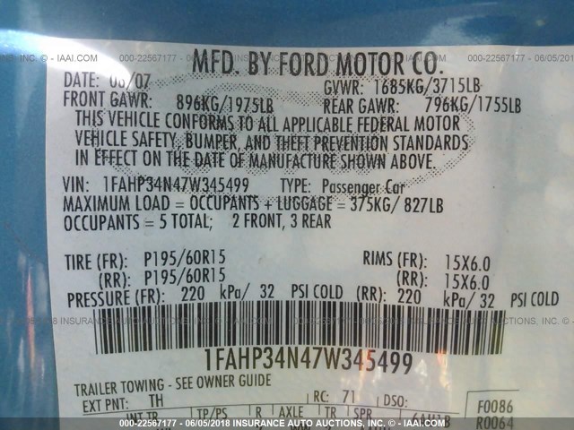 1FAHP34N47W345499 - 2007 FORD FOCUS ZX4/S/SE/SES 蓝色 照片 9