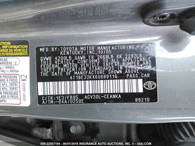 4T1BE32KX6U689116 - 2006 TOYOTA CAMRY LE/XLE/SE GRAY photo 9