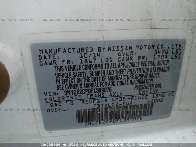 3N1CE2CP0FL389076 - 2015 NISSAN VERSA NOTE S/S PLUS/SV/SL/SR WHITE photo 9