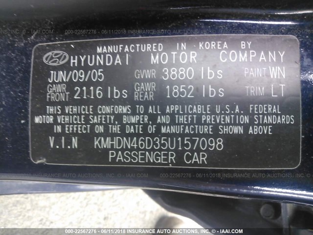 KMHDN46D35U157098 - 2005 HYUNDAI ELANTRA GLS/GT BLUE photo 9