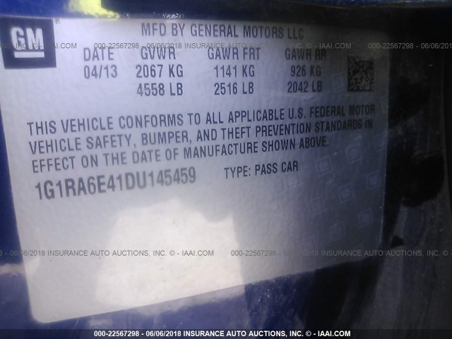 1G1RA6E41DU145459 - 2013 CHEVROLET VOLT BLUE photo 9