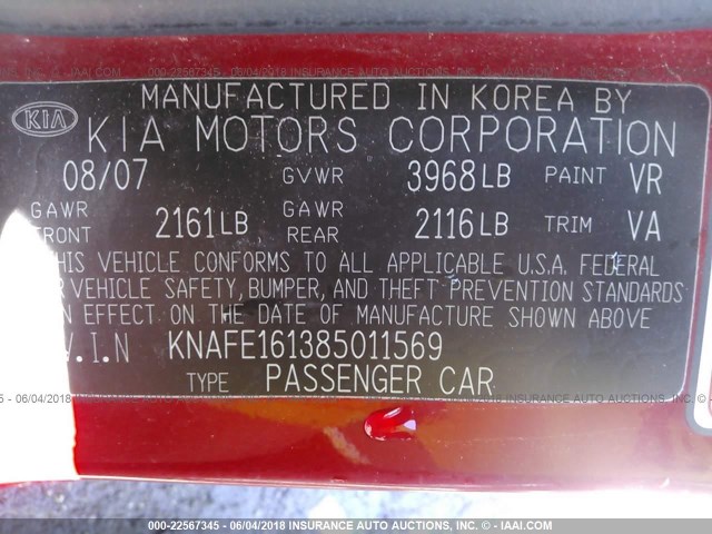 KNAFE161385011569 - 2008 KIA SPECTRA5 5 SX RED photo 9