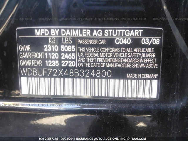 WDBUF72X48B324800 - 2008 MERCEDES-BENZ E 550 BLACK photo 9