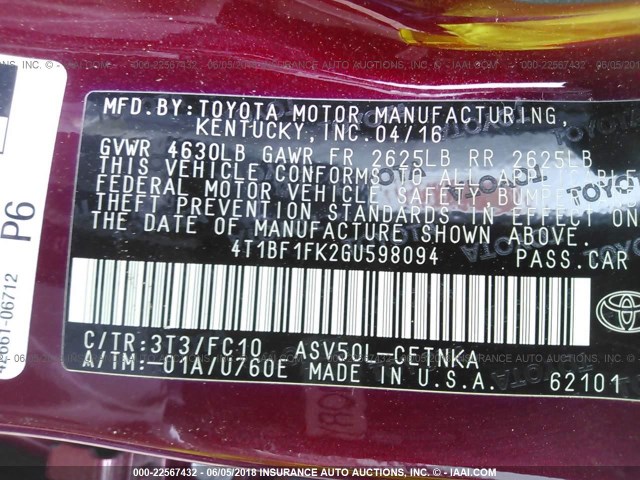 4T1BF1FK2GU598094 - 2016 TOYOTA CAMRY LE/XLE/SE/XSE RED photo 9