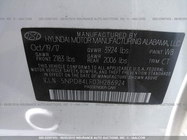 5NPD84LF0JH286924 - 2018 HYUNDAI ELANTRA SEL/VALUE/LIMITED WHITE photo 9