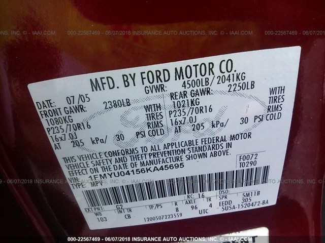 1FMYU04156KA45695 - 2006 FORD ESCAPE LIMITED RED photo 9