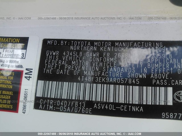 4T4BF3EK9AR057845 - 2010 TOYOTA CAMRY SE/LE/XLE 白色 照片 9