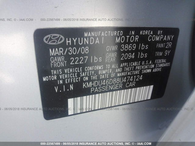 KMHDU46D88U474124 - 2008 HYUNDAI ELANTRA GLS/SE/LIMITED SILVER photo 9