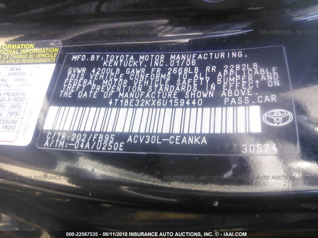 4T1BE32KX6U159440 - 2006 TOYOTA CAMRY LE/XLE/SE შავი ფოტო 9