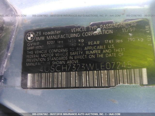4USCH7323WLE07245 - 1998 BMW Z3 1.9 BLUE photo 9