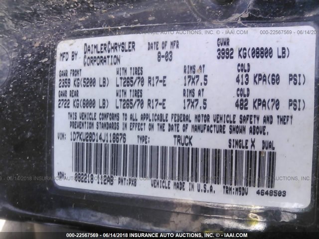 1D7KU28D14J118676 - 2004 DODGE RAM 2500 ST/SLT 黑色 照片 9