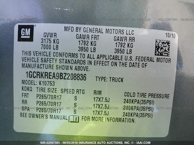 1GCRKREA9BZ208836 - 2011 CHEVROLET SILVERADO K1500 LS GRAY photo 9