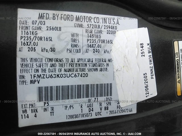 1FMZU63K03UC67420 - 2003 FORD EXPLORER XLT/XLT SPORT/NBX 绿色 照片 9