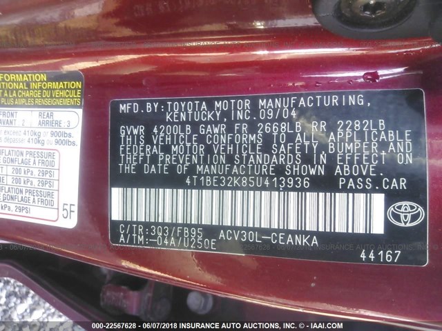 4T1BE32K85U413936 - 2005 TOYOTA CAMRY LE/XLE/SE 栗色 照片 9