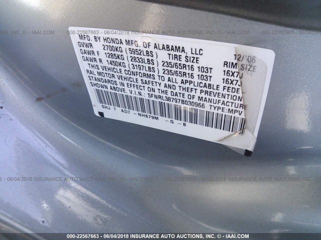 5FNRL38797B030966 - 2007 HONDA ODYSSEY EXL SILVER photo 9