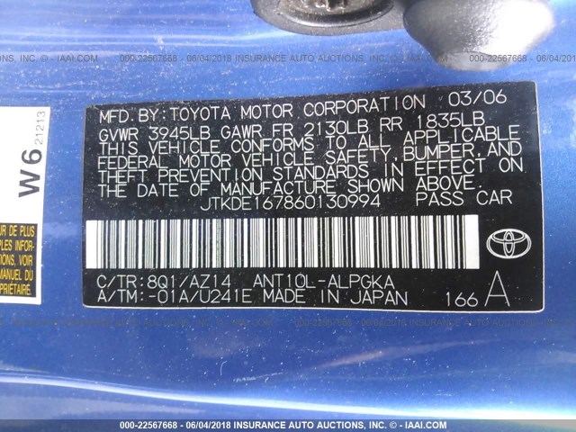 JTKDE167860130994 - 2006 TOYOTA SCION TC 蓝色 照片 9