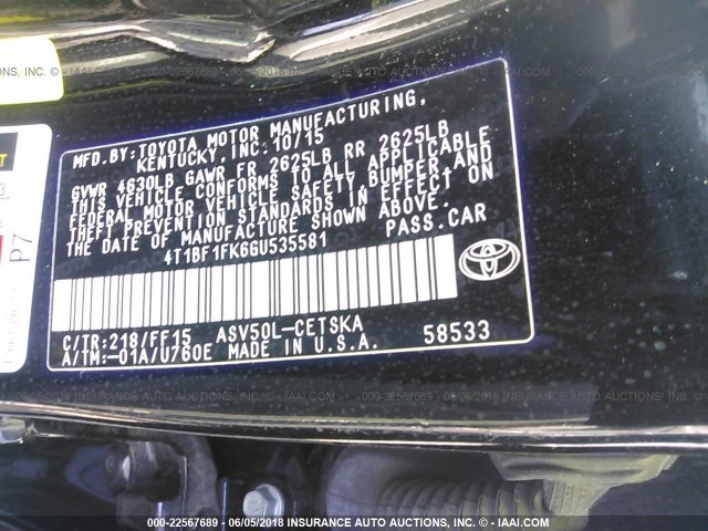 4T1BF1FK6GU535581 - 2016 TOYOTA CAMRY LE/XLE/SE/XSE BLACK photo 9