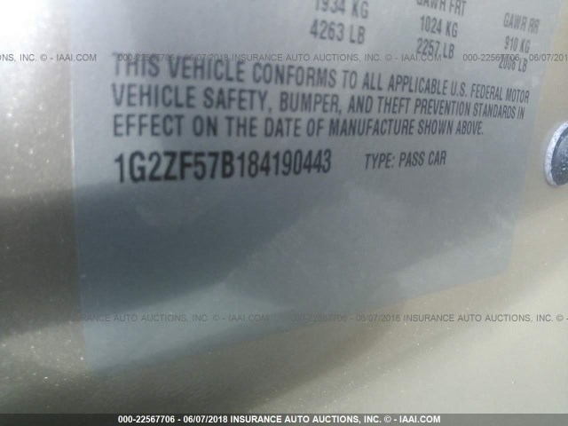 1G2ZF57B184190443 - 2008 PONTIAC G6 VALUE LEADER/BASE GOLD photo 9