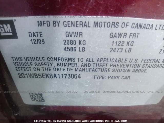 2G1WB5EK8A1173064 - 2010 CHEVROLET IMPALA LT RED photo 9