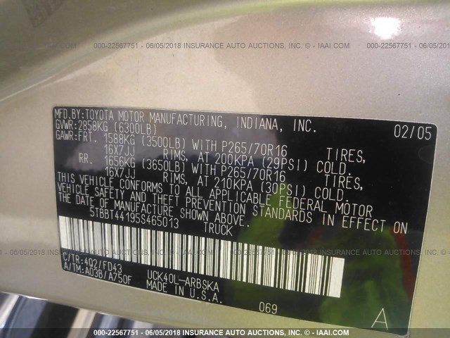 5TBBT44195S465013 - 2005 TOYOTA TUNDRA ACCESS CAB SR5 GOLD photo 9