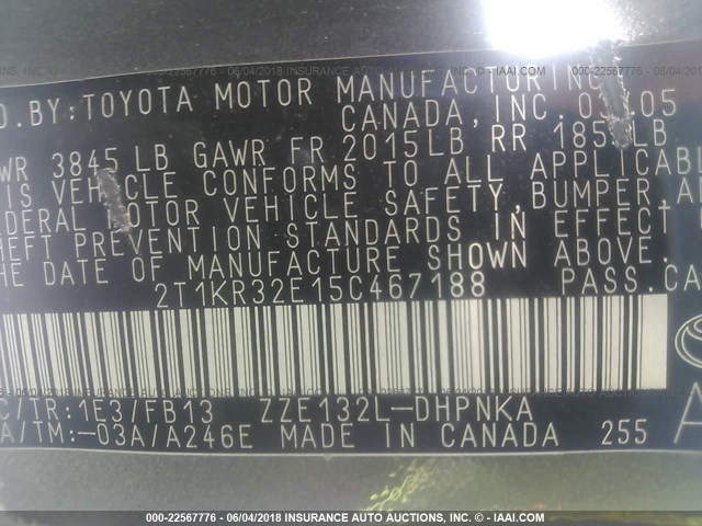 2T1KR32E15C467188 - 2005 TOYOTA COROLLA MATRIX XR GRAY photo 9