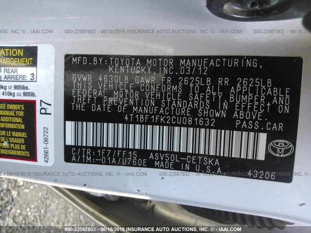 4T1BF1FK2CU081632 - 2012 TOYOTA CAMRY SE/LE/XLE SILVER photo 9