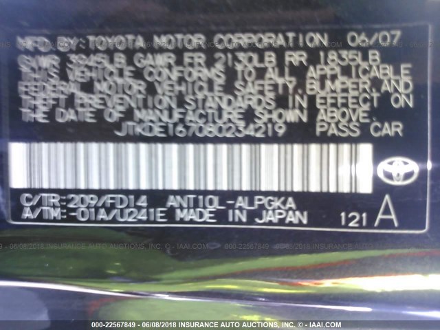 JTKDE167080234219 - 2008 TOYOTA SCION TC 黑色 照片 9