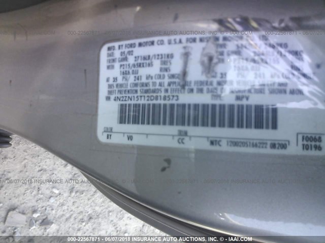 4N2ZN15T12D818573 - 2002 NISSAN QUEST GXE BEIGE photo 9