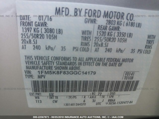 1FM5K8F83GGC14179 - 2016 FORD EXPLORER LIMITED 银色 照片 9