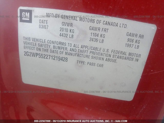 2G2WP552271219428 - 2007 PONTIAC GRAND PRIX RED photo 9